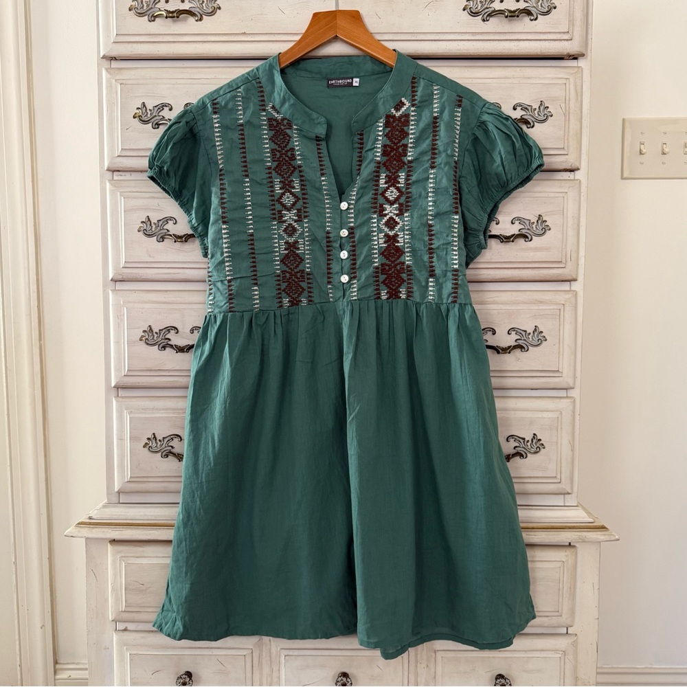 Boho Embroidered Green Women’s Tunic Top